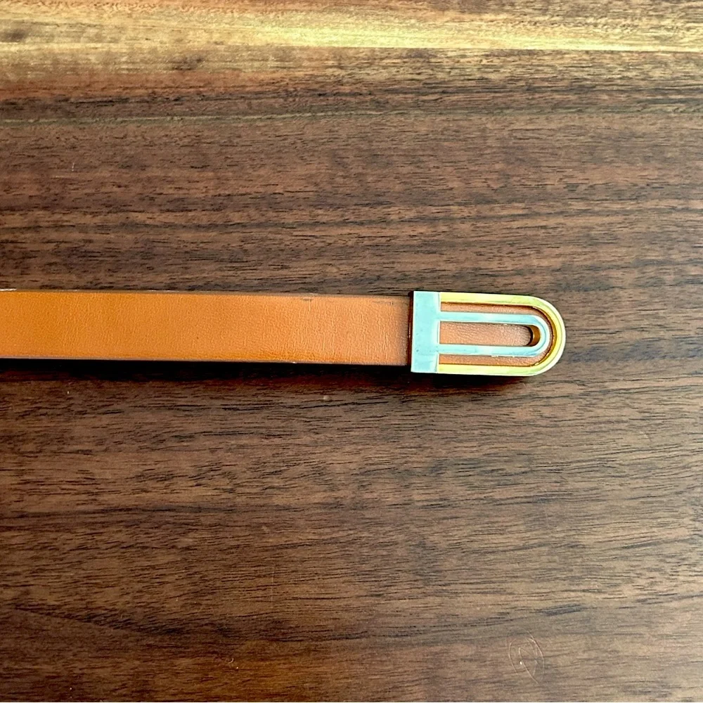 L’Aiglon Vintage Tan Leather Belt with Gold & Silver Buckle Size 30